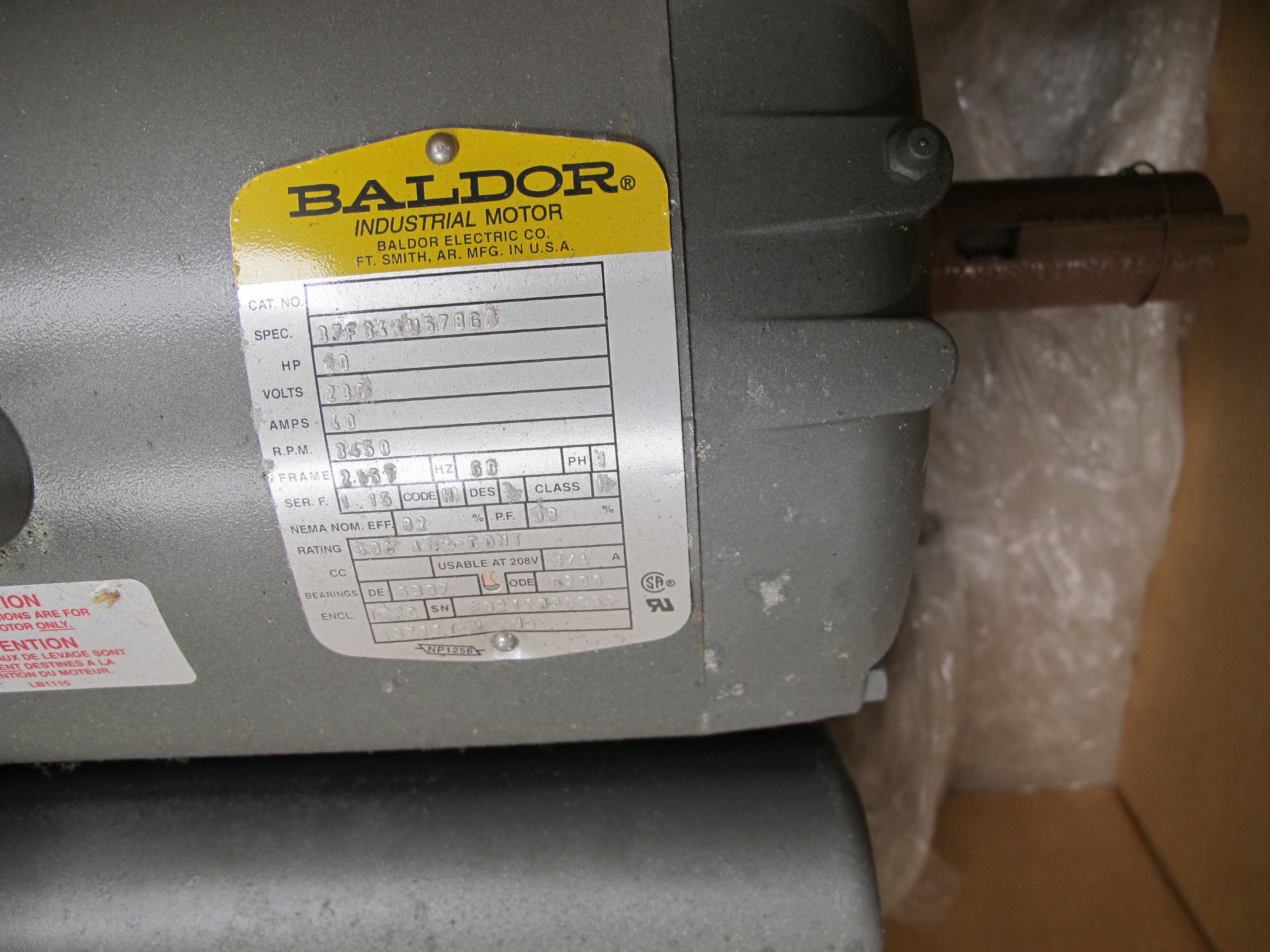 MOTOR, ELECTRIC TYPE, 10 HORSEPOWER, 230VAC ELEC RATING, 3450 RPM, 215T FRAME, TEFC ENCLOSURE, 1.0 SERVICE FACTOR. MOTOR TO BE MODIFIED WITH CLASS H INSULATION. DO NOT SUBSTITUTE, PART # L3711T (W-44) LOADING & HANDLING FEE $15-